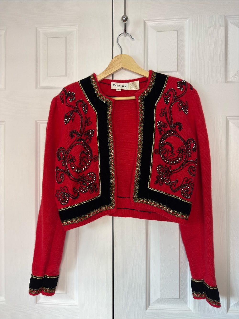 Magnolia Red Cropped Cardigan with Black & Gold Embellishment